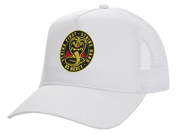 cobra kai strike first dojo — Καπέλο Ενηλίκων Structured Trucker, με Δίχτυ, ΛΕΥΚΟ (100% ΒΑΜΒΑΚΕΡΟ, ΕΝΗΛΙΚΩΝ, UNISEX, ONE SIZE)