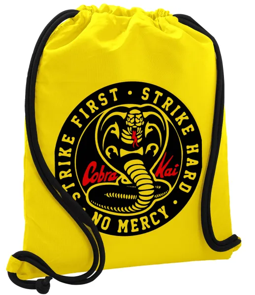 cobra kai strike first dojo — Τσάντα πλάτης πουγκί GYMBAG Κίτρινη, με τσέπη (40x48cm) & χονδρά κορδόνια