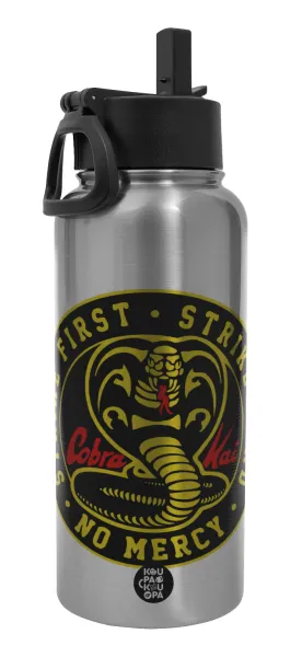 cobra kai strike first dojo — Μεταλλικό παγούρι θερμός Silver με καλαμάκι και χερούλι (Stainless steel), διπλού τοιχώματος, 950ml