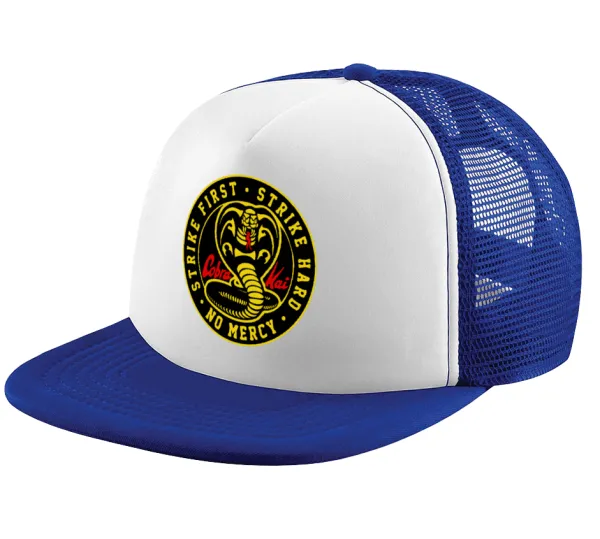 cobra kai strike first dojo — Adult Soft Trucker Hat with Blue/White Mesh (POLYESTER, ADULT, UNISEX, ONE SIZE)