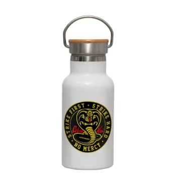 cobra kai strike first dojo, Metallic thermos (Stainless steel) White with wooden lid (bamboo), double-walled, 350ml