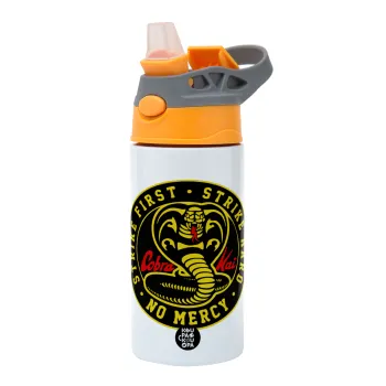 cobra kai strike first dojo, Children's hot water bottle, stainless steel, with safety straw, Orange/Grey (360ml) BPA-FREE