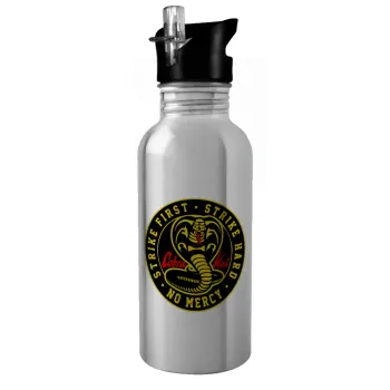 cobra kai strike first dojo, Water bottle Silver with straw, stainless steel 600ml