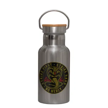 cobra kai strike first dojo, Μεταλλικό παγούρι θερμός (Stainless steel) Ασημένιο με ξύλινο καπακι (bamboo), διπλού τοιχώματος, 350ml
