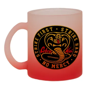 cobra kai strike first dojo, Κούπα γυάλινη δίχρωμη με βάση το κόκκινο ματ, 330ml