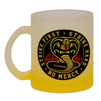 cobra kai strike first dojo, Κούπα γυάλινη δίχρωμη με βάση το κίτρινο ματ, 330ml