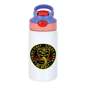 cobra kai strike first dojo, Παιδικό παγούρι θερμό, ανοξείδωτο, με καλαμάκι ασφαλείας, ροζ/μωβ (350ml)