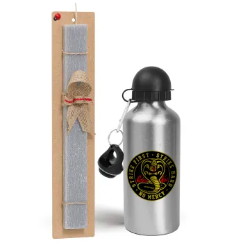 cobra kai strike first dojo, Easter Set, metallic silver aluminum water bottle (500ml) & aromatic flat Easter candle (30cm) (GRAY)