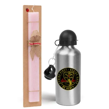 cobra kai strike first dojo, Easter Set, metallic Silver aluminum water bottle (500ml) & scented flat Easter candle (30cm) (PINK)