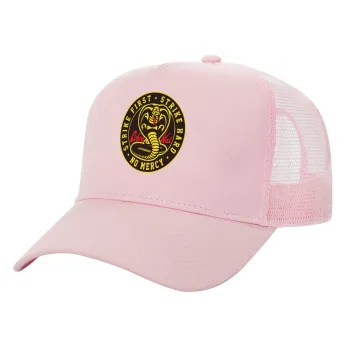 cobra kai strike first dojo, Structured Trucker Children's Hat, with Mesh, PINK (100% COTTON, CHILDREN'S, UNISEX, ONE SIZE)