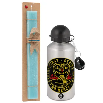 cobra kai strike first dojo, Easter Set, metallic silver aluminum water bottle (500ml) & scented flat Easter candle (30cm) (TURQUOISE)