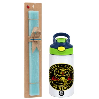 cobra kai strike first dojo, Easter Set, Children's thermal stainless steel bottle with safety straw, green/blue (350ml) & aromatic flat Easter candle (30cm) (TURQUOISE)