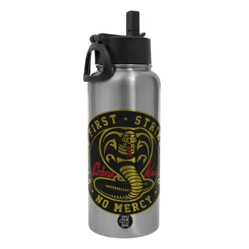 cobra kai strike first dojo, Metal mug thermo Silver with Straw and Spout Lid (Stainless steel), double wall, 950ml
