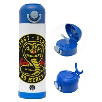 cobra kai strike first dojo, Παιδικό παγούρι θερμό, ανοξείδωτο, με καλαμάκι ασφαλείας, ΜΠΛΕ (500ml)