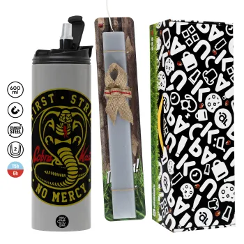 cobra kai strike first dojo, Πασχαλινή Λαμπάδα με Travel Tumbler θερμό (600ml, BPA free) & κερί αρωματικό πλακέ (30cm) (ΓΚΡΙ)