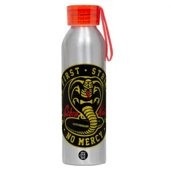 cobra kai strike first dojo, Αλουμινένιο Αθλητικό Μπουκάλι 650ml – Ασημί με Κόκκινο Καπάκι και Λουράκι Σιλικόνης