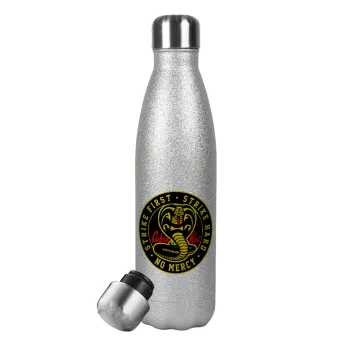 cobra kai strike first dojo, Μεταλλικό παγούρι θερμός Glitter Aσημένιο (Stainless steel), διπλού τοιχώματος, 500ml
