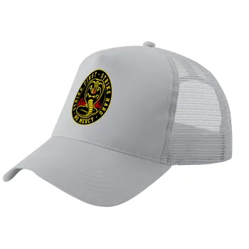cobra kai strike first dojo, Καπέλο Trucker με Δίχτυ, ΓΚΡΙ, (ΒΑΜΒΑΚΕΡΟ, ΠΑΙΔΙΚΟ, UNISEX, ONE SIZE)