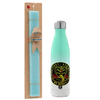 cobra kai strike first dojo, Easter Set, Metallic green/white thermos (Stainless steel), double-walled, 500ml & scented flat Easter candle (30cm) (TURQUOISE)