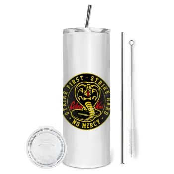 cobra kai strike first dojo, Tumbler ποτήρι θερμό από ανοξείδωτο ατσάλι 600ml, με μεταλλικό καλαμάκι & βούρτσα καθαρισμού