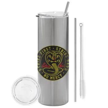 cobra kai strike first dojo, Tumbler ποτήρι θερμό Ασημένιο από ανοξείδωτο ατσάλι 600ml, με μεταλλικό καλαμάκι & βούρτσα καθαρισμού