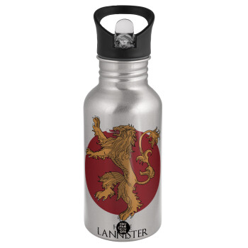 House Lannister GOT, Water bottle Silver with straw, stainless steel 500ml