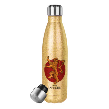 House Lannister GOT, Μεταλλικό παγούρι θερμός Glitter χρυσό (Stainless steel), διπλού τοιχώματος, 500ml