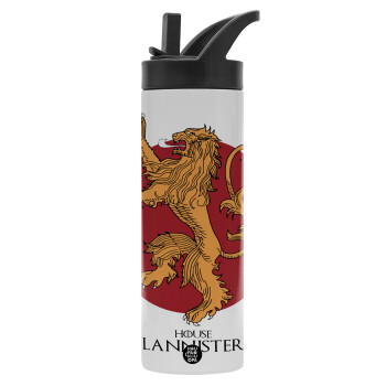 House Lannister GOT, Μεταλλικό παγούρι θερμός με καλαμάκι & χειρολαβή, ανοξείδωτο ατσάλι (Stainless steel 304), διπλού τοιχώματος, 600ml