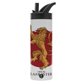 House Lannister GOT, Metallic thermos bottle with straw & handle, stainless steel (Stainless steel 304), double-walled, 600ml.
