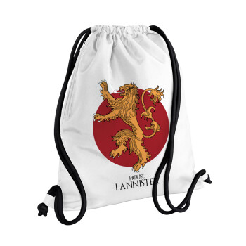 House Lannister GOT, Τσάντα πλάτης πουγκί GYMBAG λευκή, με τσέπη (40x48cm) & χονδρά κορδόνια