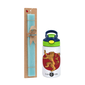 House Lannister GOT, Easter Set, Children's thermal stainless steel bottle with safety straw, green/blue (350ml) & aromatic flat Easter candle (30cm) (TURQUOISE)
