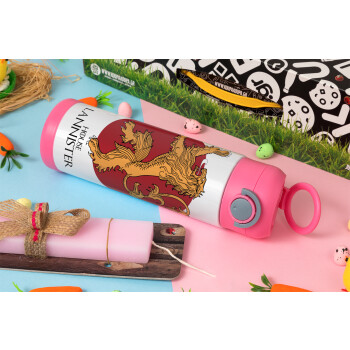 House Lannister GOT, Easter candle, Childrens hot water bottle, stainless steel, with safety straw, PINK (500ml)