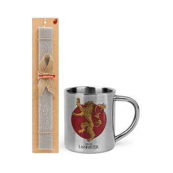 House Lannister GOT, Easter Set, metallic thermal cup (300ml) & Easter aromatic flat candle (30cm) (GRAY)