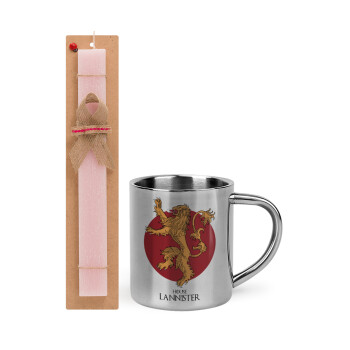 House Lannister GOT, Πασχαλινό Σετ, μεταλλική κούπα θερμό (300ml) & πασχαλινή λαμπάδα αρωματική πλακέ (30cm) (ΡΟΖ)