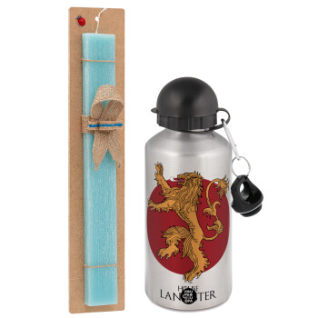 House Lannister GOT, Πασχαλινό Σετ, παγούρι μεταλλικό Ασημένιο αλουμινίου (500ml) & πασχαλινή λαμπάδα αρωματική πλακέ (30cm) (ΤΙΡΚΟΥΑΖ)