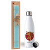 Easter Set, metallic stainless steel water bottle (750ml) & aromatic flat Easter candle (30cm) (TURQUOISE)