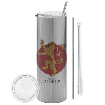 House Lannister GOT, Eco friendly ποτήρι θερμό Ασημένιο (tumbler) από ανοξείδωτο ατσάλι 600ml, με μεταλλικό καλαμάκι & βούρτσα καθαρισμού