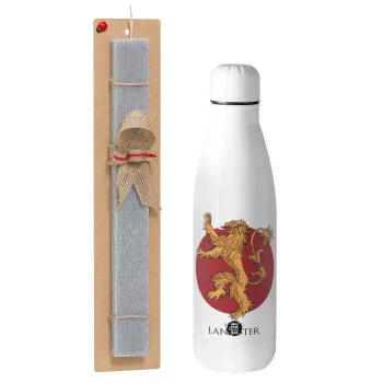 House Lannister GOT, Easter Set, metallic stainless thermos bottle (500ml) & scented flat Easter candle (30cm) (GRAY)