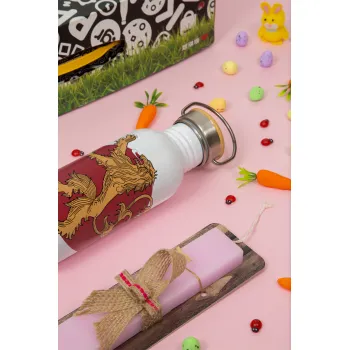 House Lannister GOT, Πασχαλινή Λαμπάδα με παγούρι μεταλλικό (620ml, stainless steel) & κερί αρωματικό πλακέ (30cm) (ΡΟΖ)