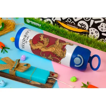 House Lannister GOT, Πασχαλινή Λαμπάδα με Παιδικό παγούρι θερμό, ανοξείδωτο, με καλαμάκι ασφαλείας, ΜΠΛΕ (500ml)