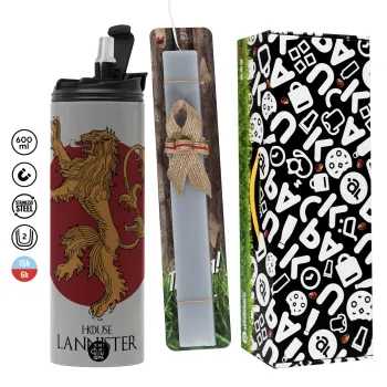 House Lannister GOT, Πασχαλινή Λαμπάδα με Travel Tumbler θερμό (600ml, BPA free) & κερί αρωματικό πλακέ (30cm) (ΓΚΡΙ)