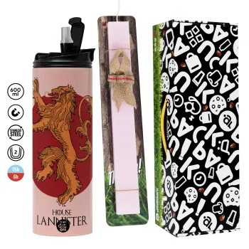 House Lannister GOT, Πασχαλινή Λαμπάδα με  ΡΟΖ Travel Tumbler θερμό (600ml, BPA free) & κερί αρωματικό πλακέ (30cm) (ΡΟΖ)
