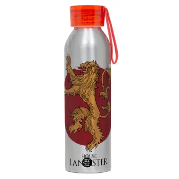 House Lannister GOT, Αλουμινένιο Αθλητικό Μπουκάλι 650ml – Ασημί με Κόκκινο Καπάκι και Λουράκι Σιλικόνης