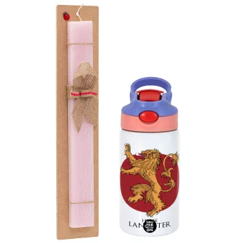 House Lannister GOT, Easter Set, Children's thermal stainless steel water bottle with safety straw, pink/purple (350ml) & Easter scented flat candle (30cm) (PINK)