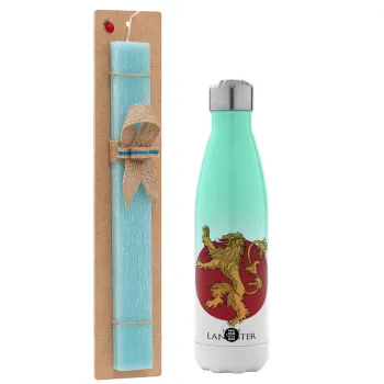 House Lannister GOT, Easter Set, Metallic green/white thermos (Stainless steel), double-walled, 500ml & scented flat Easter candle (30cm) (TURQUOISE)