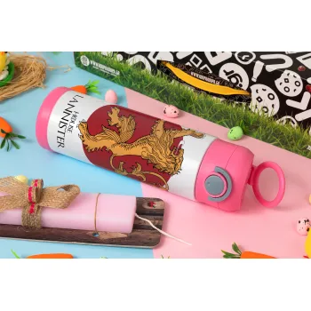 House Lannister GOT, Easter candle, Childrens hot water bottle, stainless steel, with safety straw, PINK (500ml)