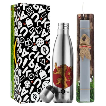 House Lannister GOT, Easter Set, metallic stainless thermos flask (500ml) & scented flat Easter candle (30cm) (GRAY)