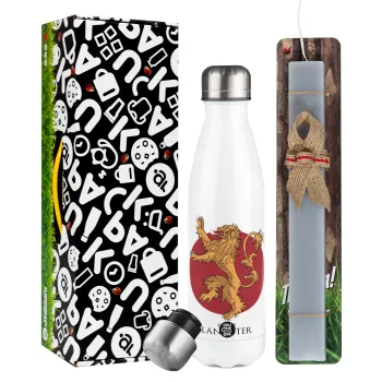 House Lannister GOT, Easter candle, metallic white thermos bottle (500ml) & aromatic flat candle (30cm) (GRAY)