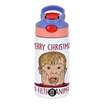 home alone, Merry Christmas ya filthy animal, Children's hot water bottle, stainless steel, with safety straw, pink/purple (350ml)