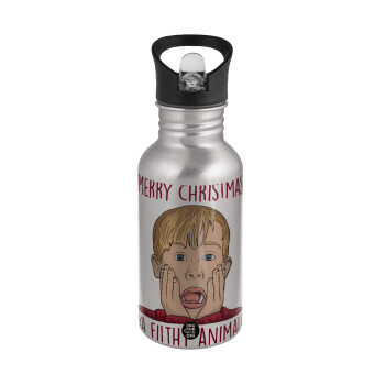 home alone, Merry Christmas ya filthy animal, Water bottle Silver with straw, stainless steel 500ml